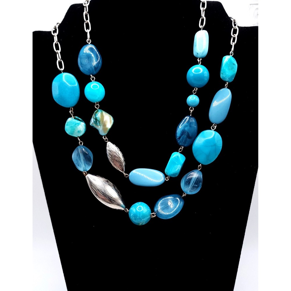 NY & Co Double Strand Blue Lucite Statement Necklace Silver Tone
